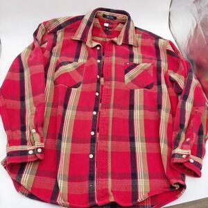 Vtg Y2K Tommy Hilfiger Mens XXL Plaid Heavy Flannel Red Shirt Long Sleeve Camp